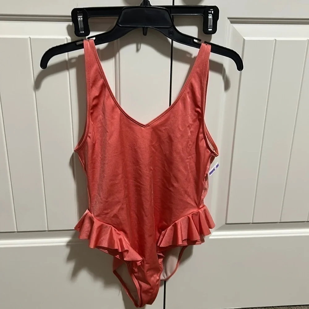 Something Navy Ruffle Swimsuit One Piece Coral Sz m NEW